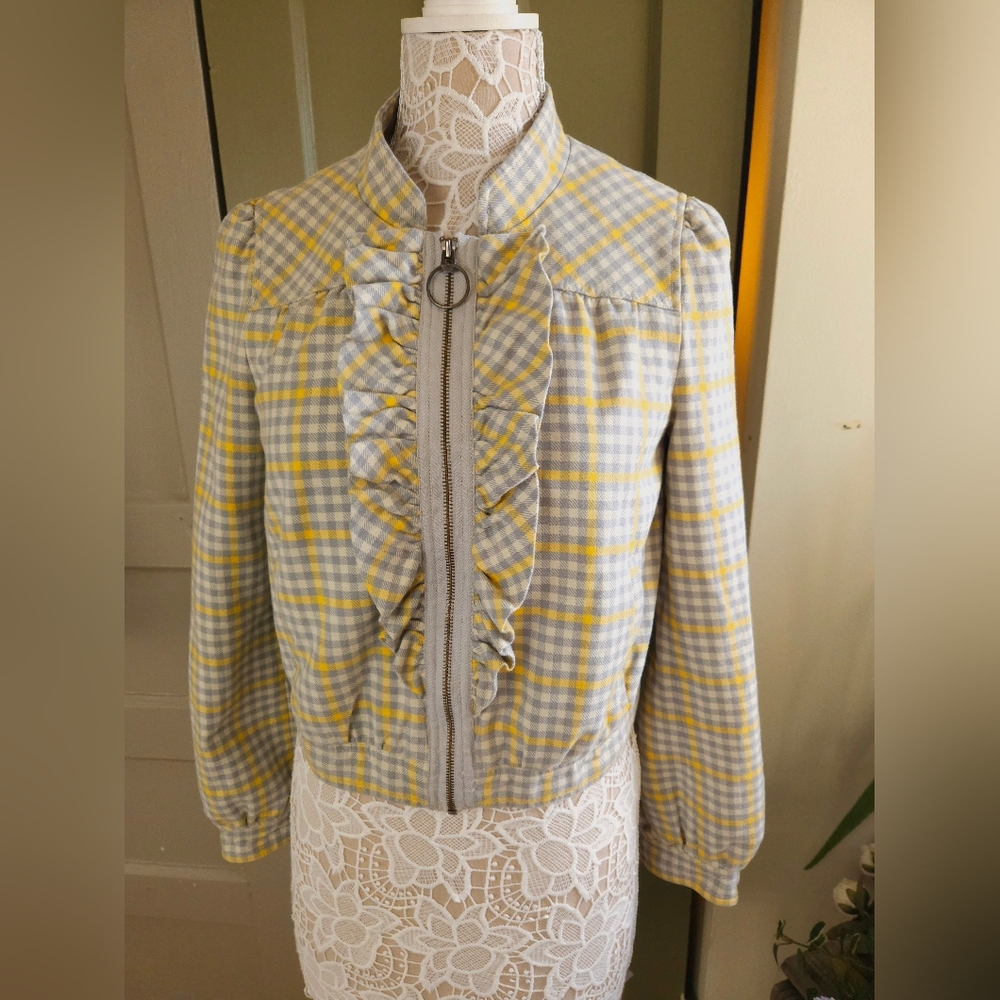 Anthropologie Idra Womens Jacket Gray Yellow Plaid Zip Up Lined Ruffle Cotton 6